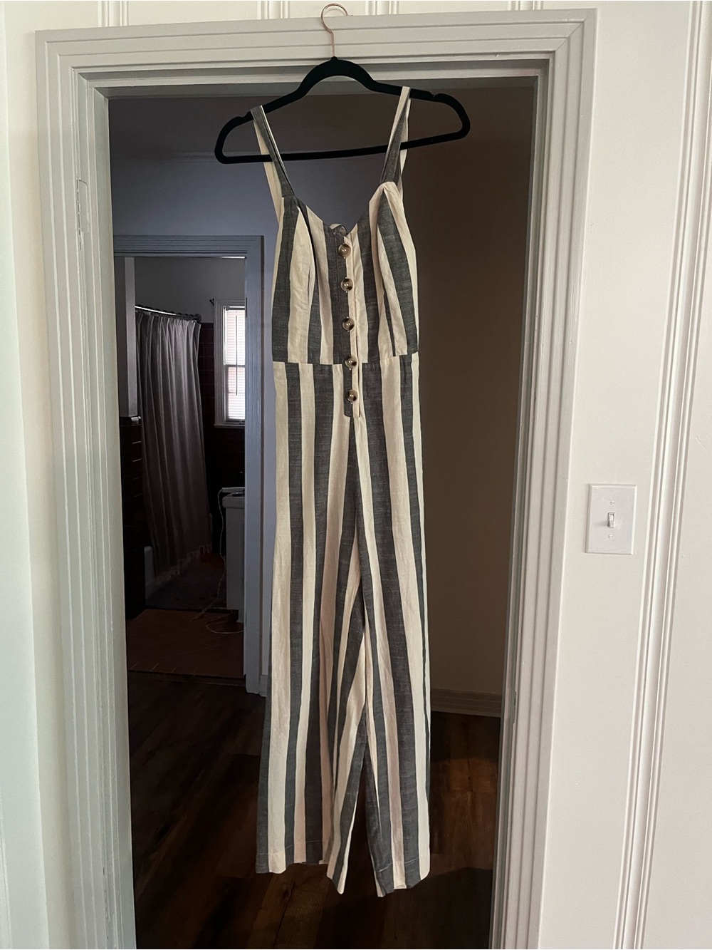 Striped Button-Front Jumpsuit in Ivory and Charcoal